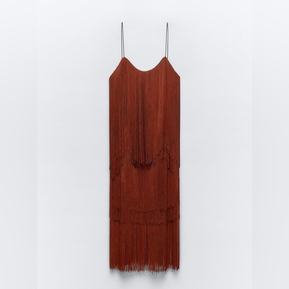 Zara STRAPPY FRINGED brown midi DRESS sz.XS-S - Picture 11 of 15